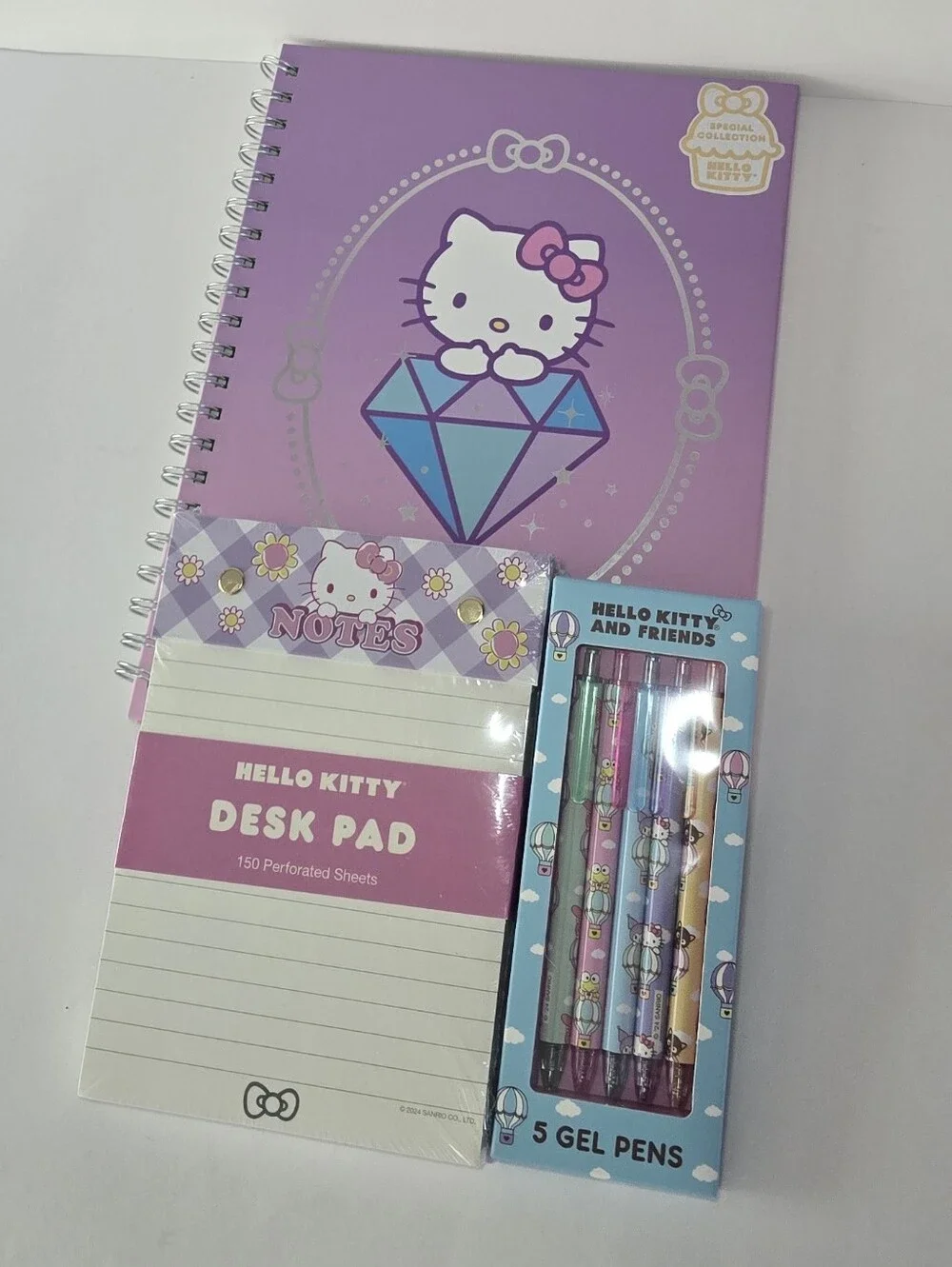 Hello Kitty Stationary  Set Purple Hardcover Notebook + Desk Pad + Gel Pen Set